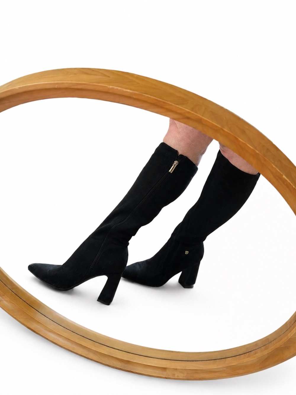 Women’s Black Knee-High Suede Boots, Pointed Toe Block Heel Zip, Size 7.5